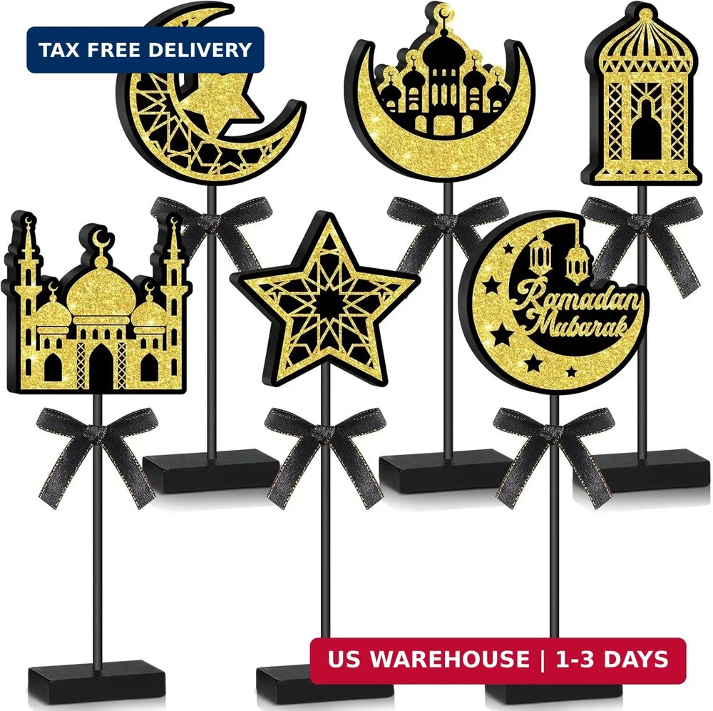 Huwena 6 Pcs Ramadan Decorations Eid Mubarak Table Decor Wooden Tall Standing Is