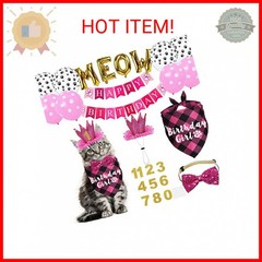 JOTFA Cat Birthday Party Supplies, Cat Birthday Hat Crown with Number Bandana Bo