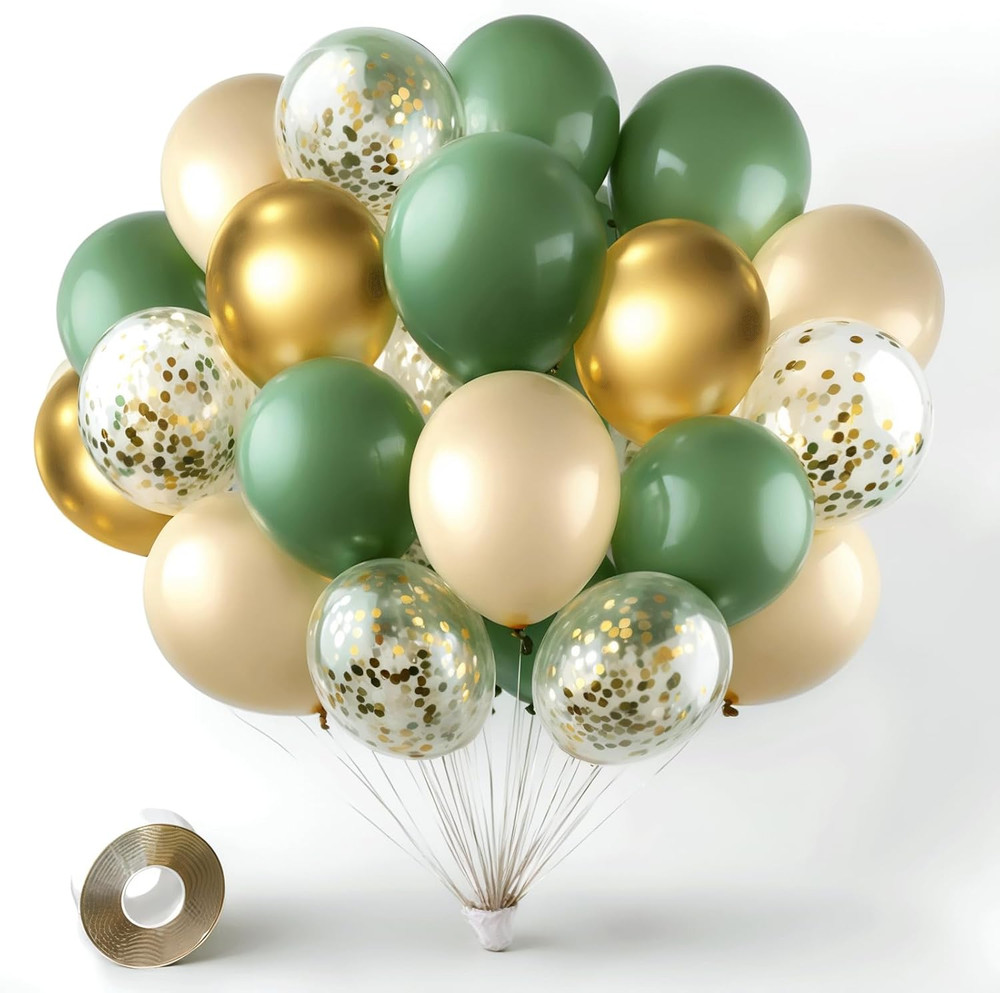 Sage Green Gold Confetti Balloons – 50 Pcs Olive Green Blush Gold Metallic Latex