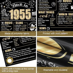 70th Birthday Decorations Back in 1955 Door Banner for Men Women, Black Gold Hap