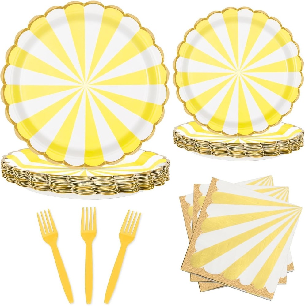 Yellow and White Stripes Disposable Tableware (Plates, Napkins, Forks)