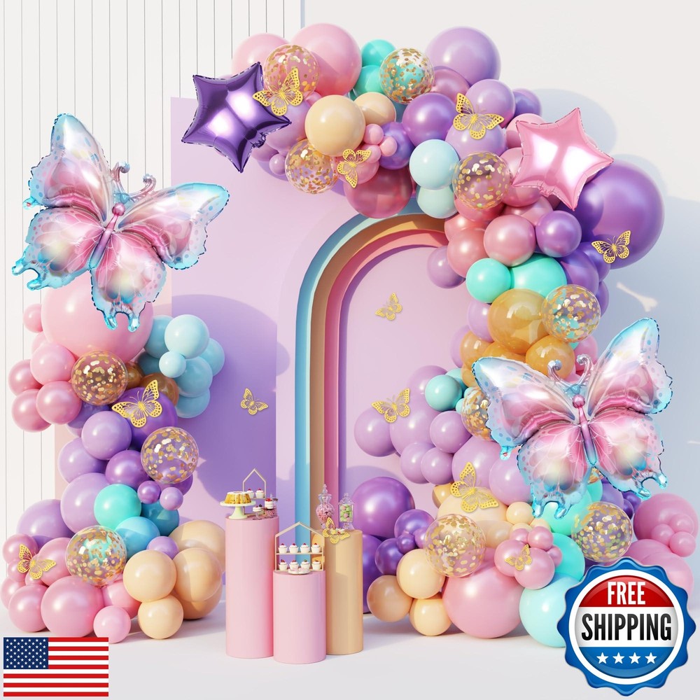 163Pcs Butterfly Pink and Purple Balloons Garland Arch Kit, Birthday Baby Sho