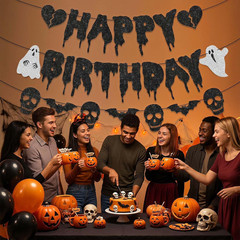 Glitter Black Halloween Birthday Banner-Heart Ghost and Skull Happy Birthday Dec