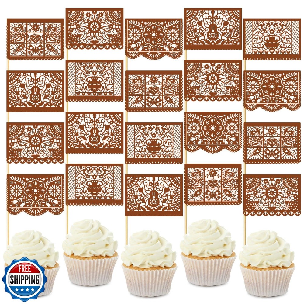 Epakh 60 Pcs Mexican Fiesta Cupcake Toppers Mini Papel Picado Banner Cake Top