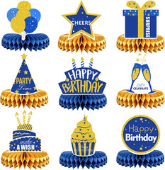 9 Pieces Blue and Gold Birthday Table Decorations, Happy Birthday Honeycomb Cent
