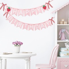 2Pcs Happy Banner, Strawberry Bow, Pink White