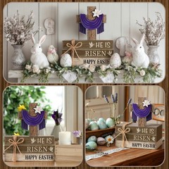 Easter He Is Risen Wooden Sign Table Centerpiece Cross Faux Book 4 PCS