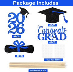 Graduation Decorations 2026, 16 PCS Black Blue Graduation Centerpieces for Table