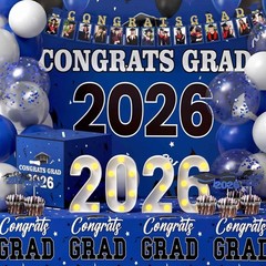 Lunmon 114 Pcs Blue and Black Graduation Decorations Class of 2026 Include Gr…