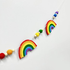 Colorful Pre-Strung Rainbow Banner Felt Wool Ball Wood Beads Garland Multicolor