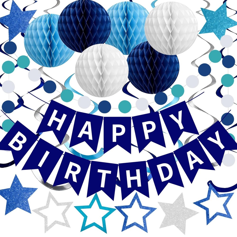 Blue Happy Birthday Decorations, Happy Birthday Banner with Honeycomb Balls