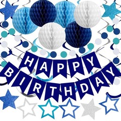 Blue Happy Birthday Decorations, Happy Birthday Banner with Honeycomb Balls