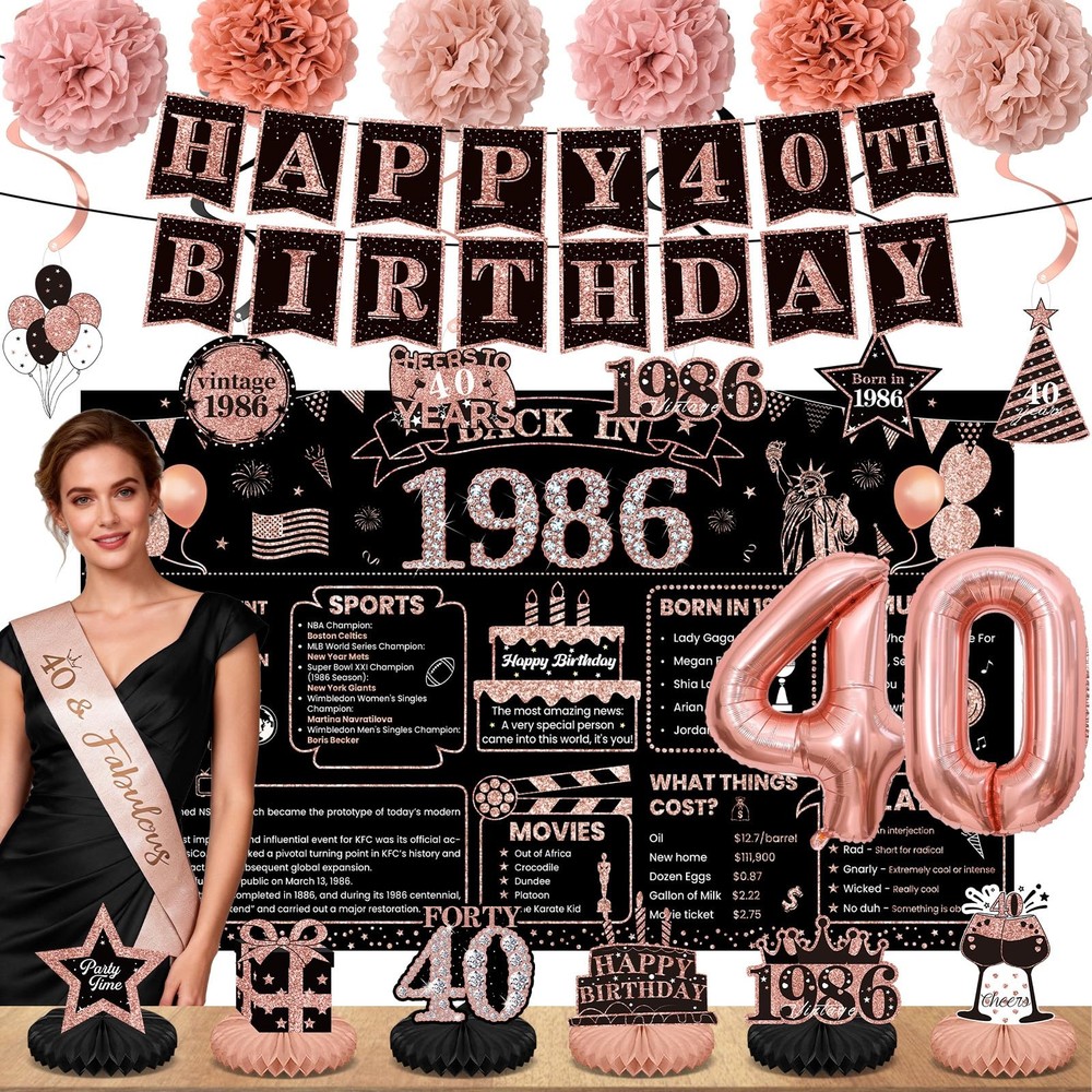 40th Birthday Decorations for Women, Rose Gold 1986 Happy