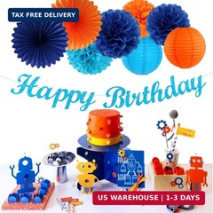 Royal-Light Blue Orange Happy-Birthday Party-Decorations – 31pcs Men Boys Paper