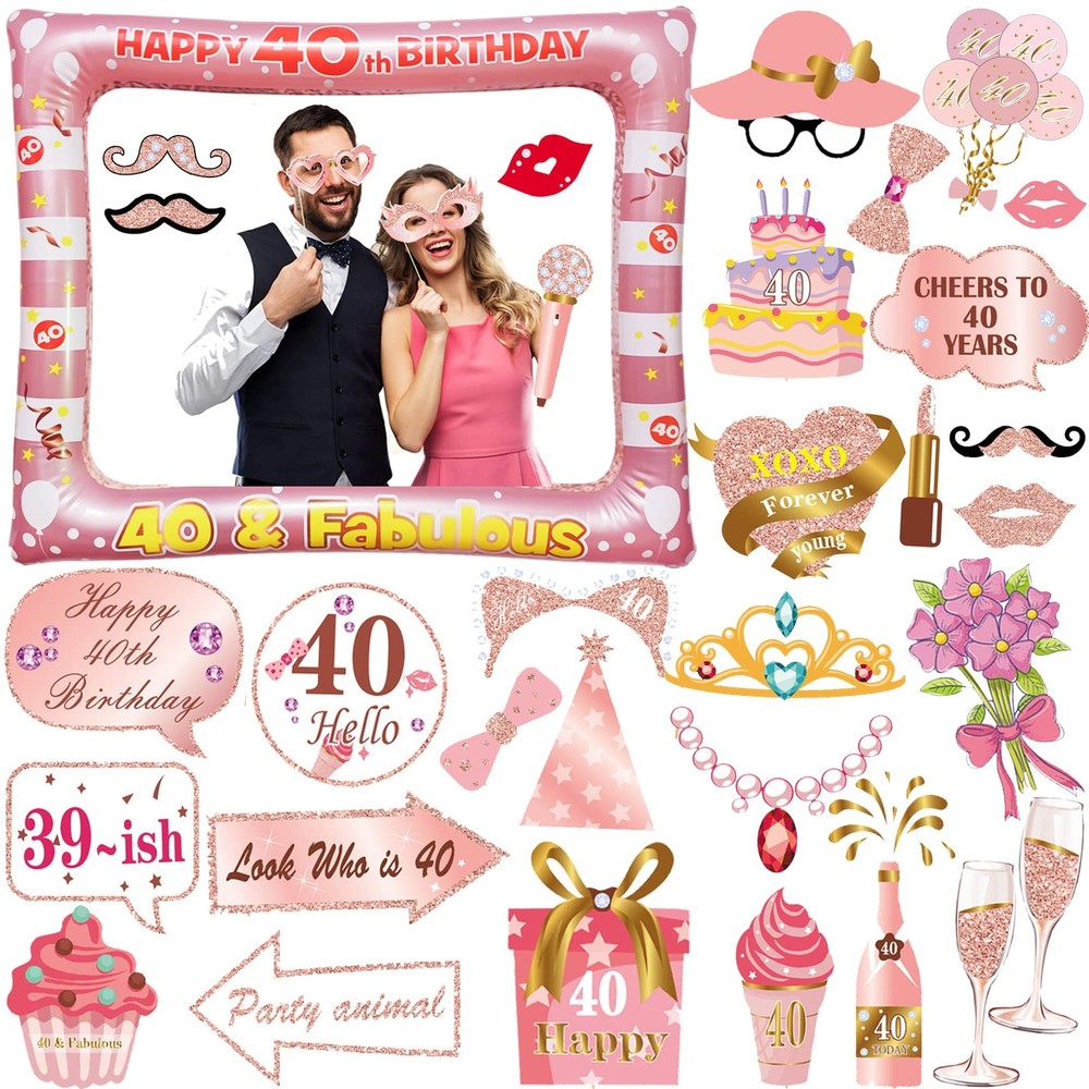 30PCS 40th Birthday Photo Booth Props, Rose Gold Inflatable Selfie Frame, Decor