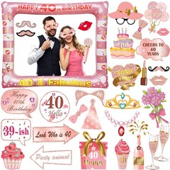 30PCS 40th Birthday Photo Booth Props, Rose Gold Inflatable Selfie Frame, Decor