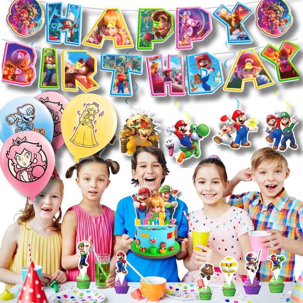 Mario Theme Super Party Decorations – Banner Cake Topper, Balloons, Backdrop Set