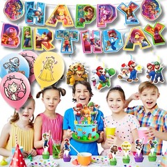 Mario Theme Super Party Decorations – Banner Cake Topper, Balloons, Backdrop Set