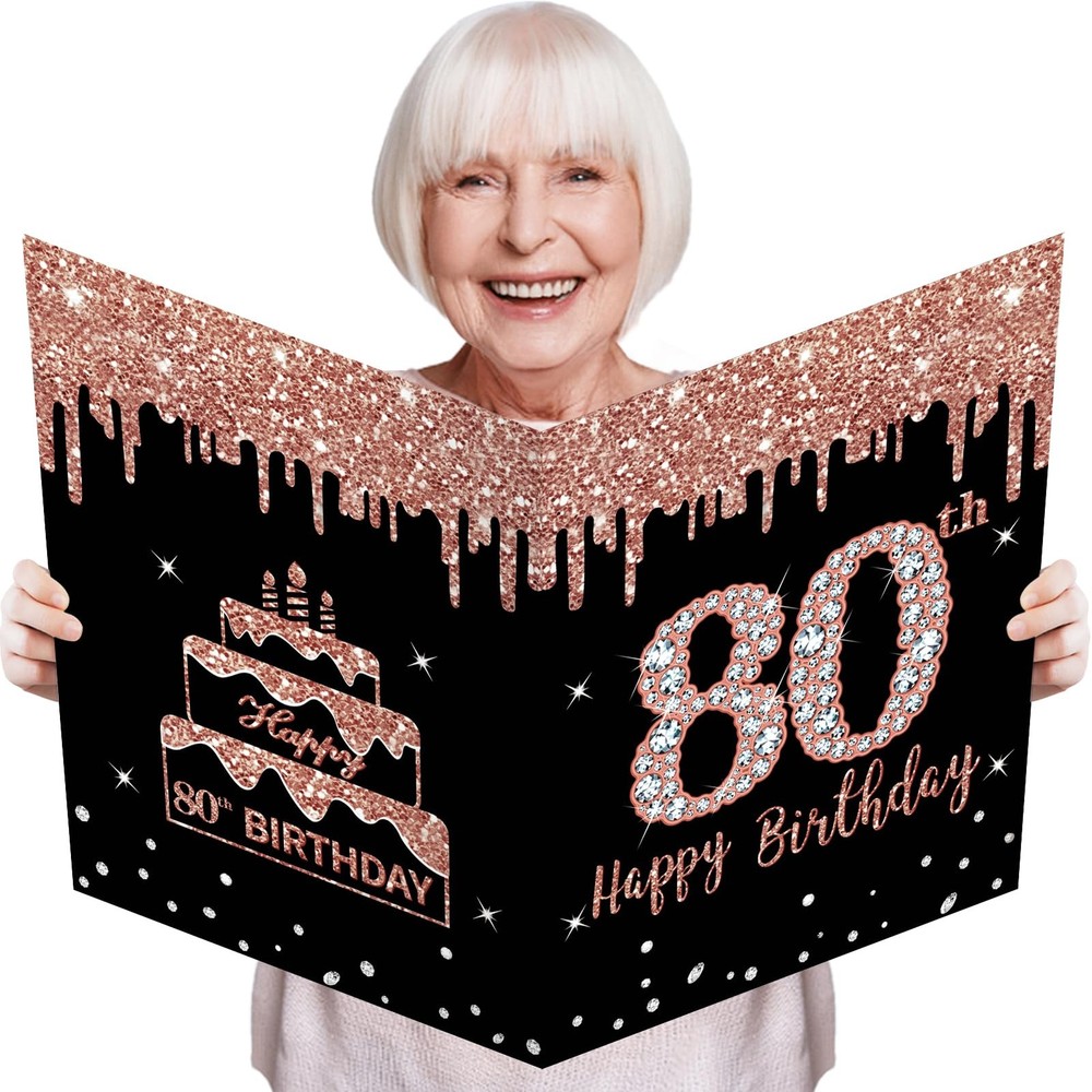 Large 80Th Birthday Card with Envelope, Extra Big Guest Book Rose Gold 80Th Birt