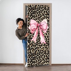 Coquette Pink Bow Leopard Print Door Cover, Trendy Cheetah Print Decoration D…