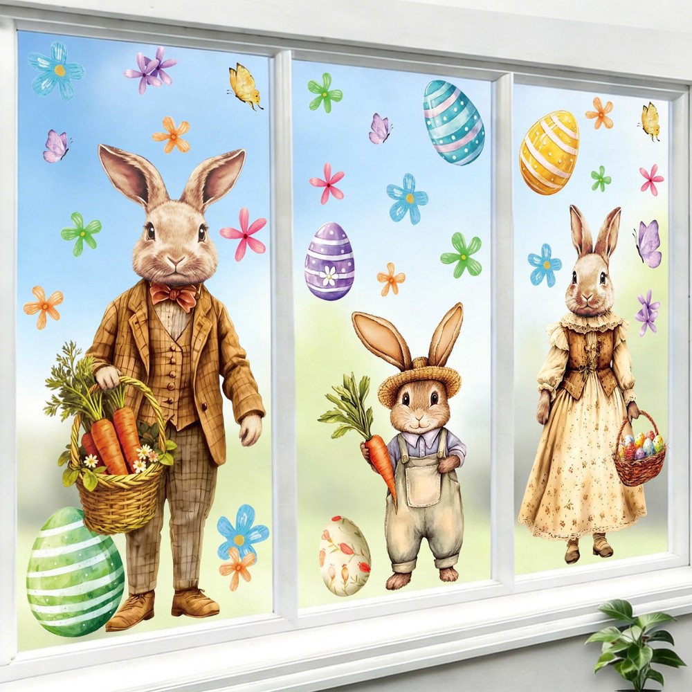 Extra Large Bunny Rabbit Easter Window Clings Retro Floral Bunny Flower Egg Doub