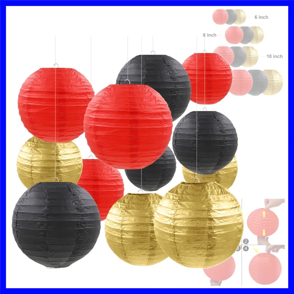 12 Pcs Red Black Gold Paper Lanterns Round Hanging Paper Lanterns for Birthda…