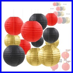 12 Pcs Red Black Gold Paper Lanterns Round Hanging Paper Lanterns for Birthda…