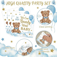 96 Pcs Baby Shower Party Decorations Tableware Set, Blue Bear Disposable Dessert