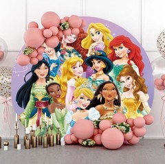Round Cartoon princesses group Photo Backdrop Cover Girls Birthday Background