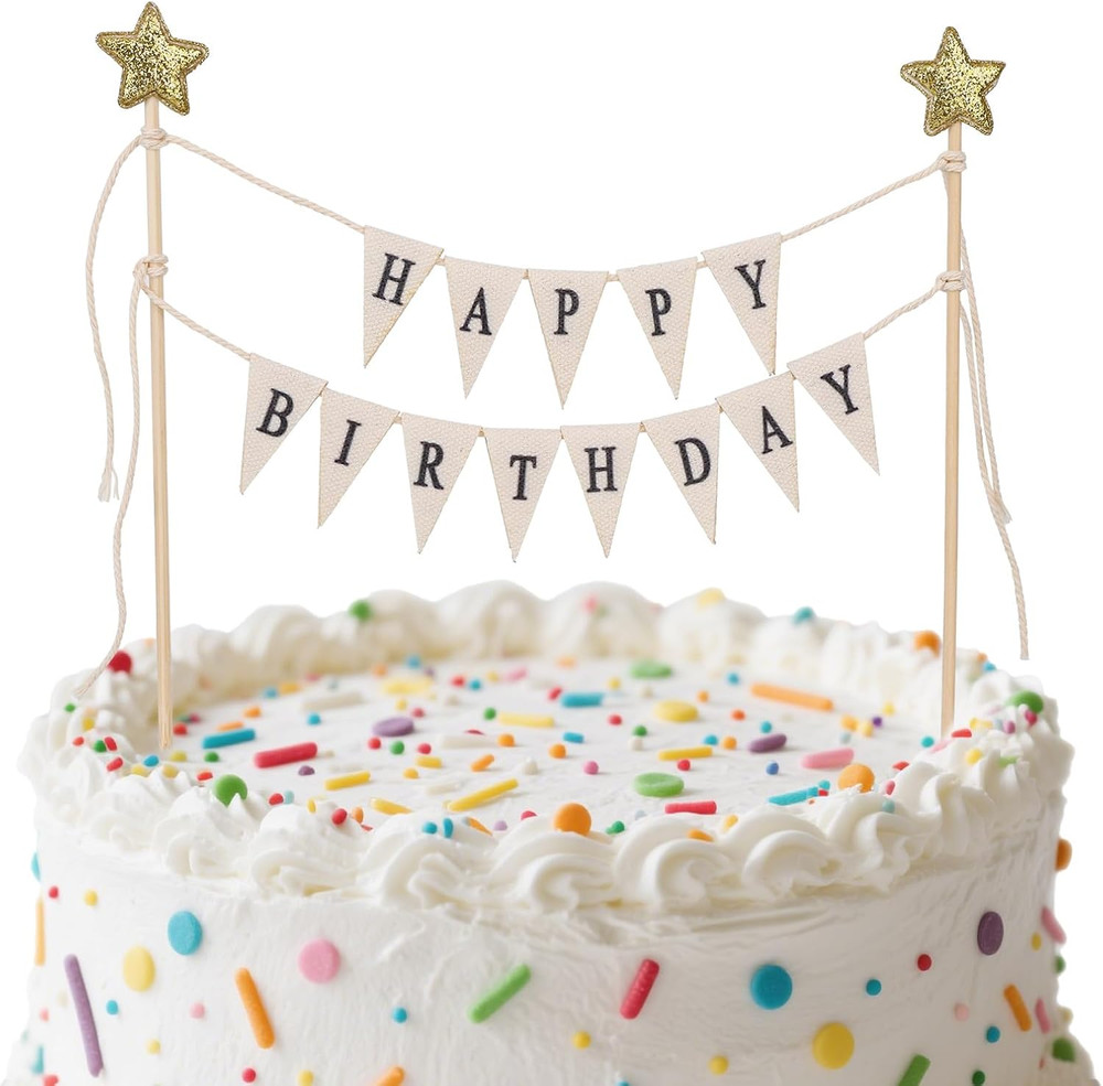 Happy Birthday Flag Banner Cake Topper Handmade Pennant & Star Garland Birthday