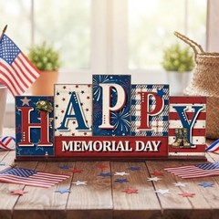 Reversible Patriotic Wooden Sign – 4th of July & Memorial Day Table Decor, Red W