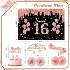 Sweet 16 Birthday Decorations Set, 52Pcs Rose Gold & Black, Crown, Sash, Banner,