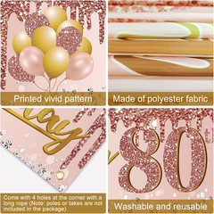 80Th Birthday Banner Decorations for Women, Pink Rose Gold Happy 80