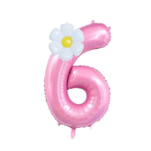 40-Inch Pink Number 6 Balloons With Daisy Balloons, 6th Birthday Pink 6
