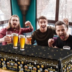 Juweked Beer Party Decorations,Black and Gold Happy Birthday Tablecloth for