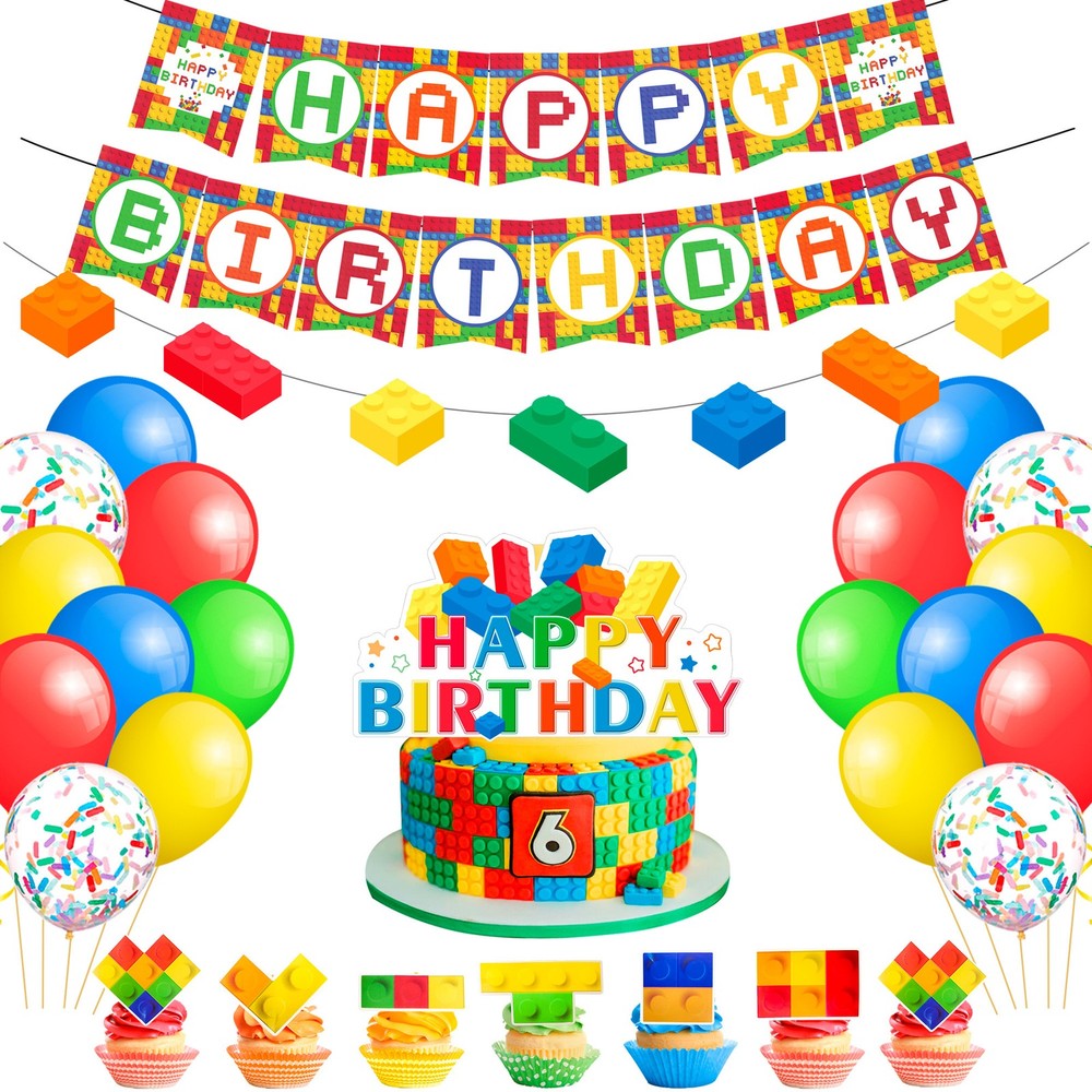 Lego Building Blocks Party Decoration Birthday Supplies Balloons Cake Topper Set
