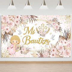 Mocsicka Mi Bautizo Banner Backdrop for Girls First Holy Communion Christening D