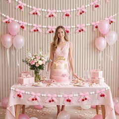 2-Pack 8ft Pink Cherry Bow Felt Garland, Coquette Aesthetic Nursery Decor, Ha…