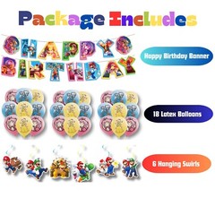 Mario Theme Super Party Decorations – Banner Cake Topper, Balloons, Backdrop Set