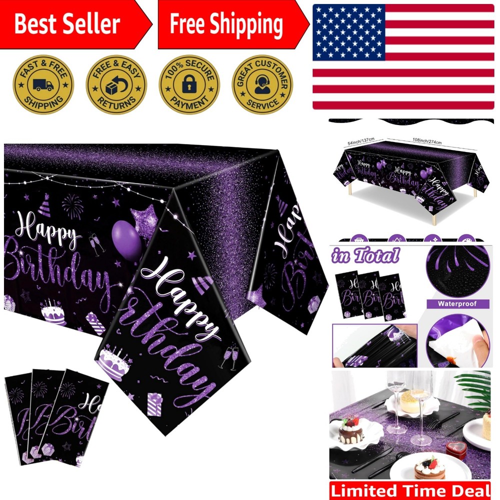 3 Pcs Oilproof Birthday Table Covers in Black Purple – Perfect for Parties!