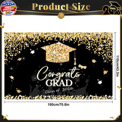 Class of 2026 Graduation Backdrop Banner Black Gold Congrats Grad Party Decor