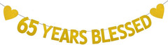 XIAOLUOLY Gold 65 YEARS BLESSED Glitter Banner,Pre-Strung,65Th Birthday/Wedding