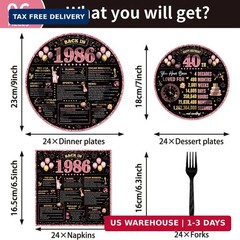 96Pcs 40th Birthday Decorations Women Tableware Set Rose Gold Back in 1986 Paper