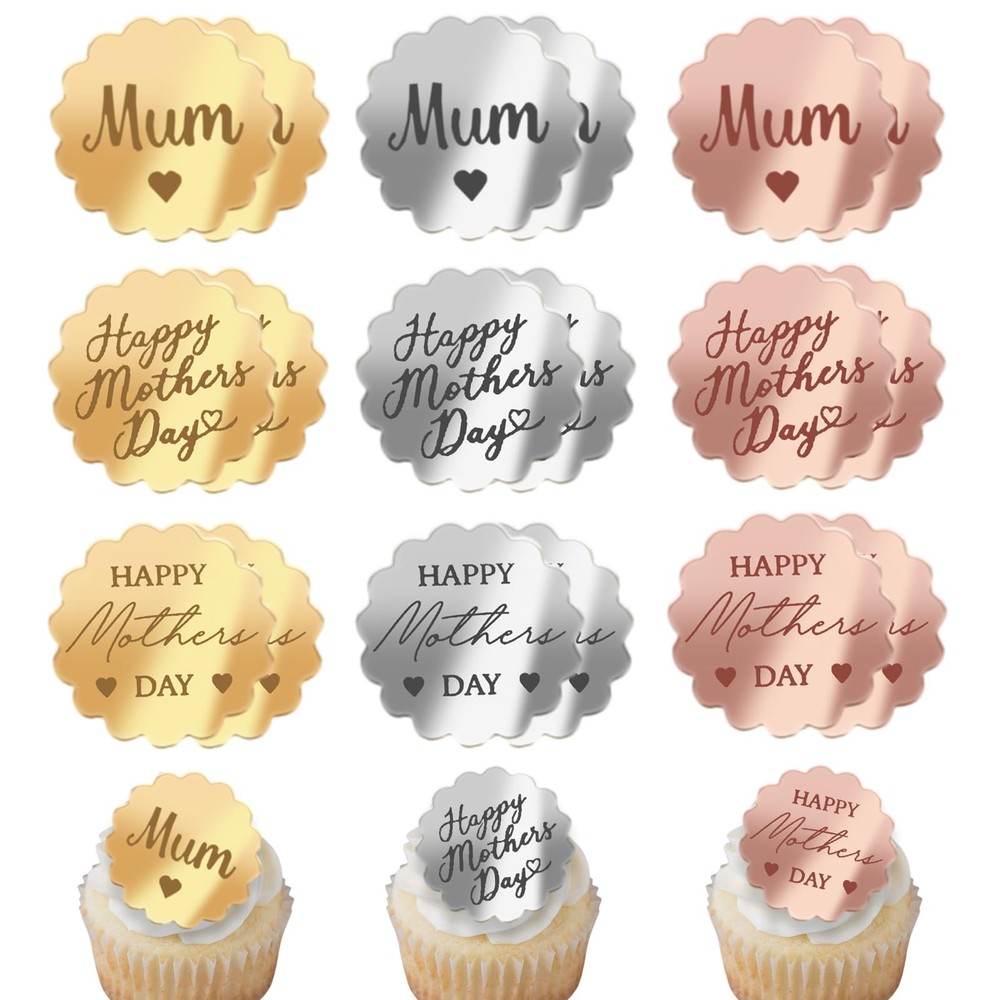 Happy Mothers Day Cupcake Toppers Acrylic Mirror Disc Cake Topper Best Mum Ev…