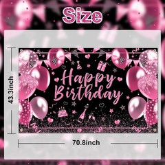 Pink & Black Happy Birthday Banner Backdrop 6×3.6ft Party Decoration
