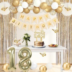 50Pcs 18th Birthday Party Decorations, Gold Sash, Crown, Banner & Fringe Curtain