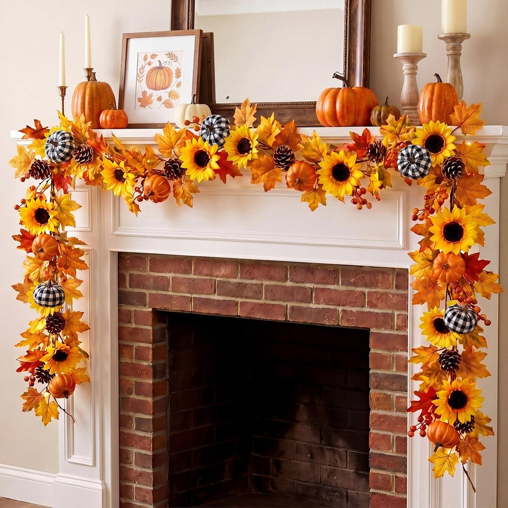 6 ft Fall Garland Decoration Autumn Sunflower Pumpkin Garland with Buffalo Pl…