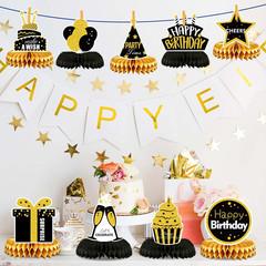 9 Pieces Birthday Table Decorations, Black and Gold Happy Birthday Honeycomb Cen