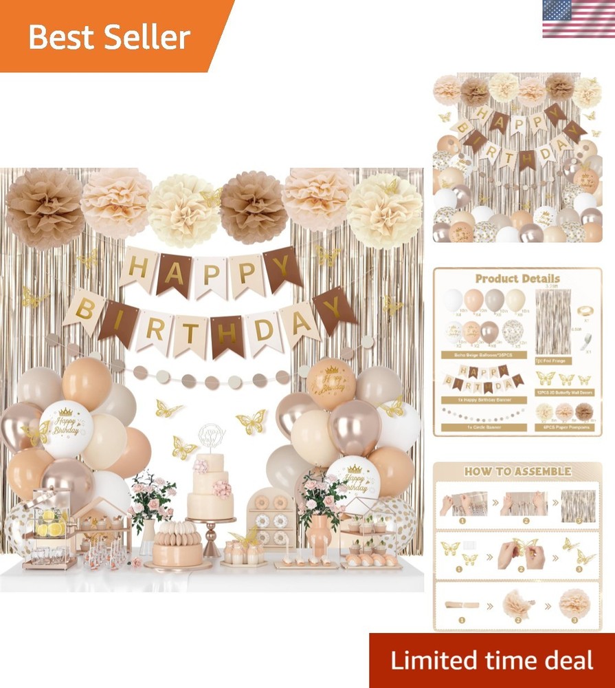 Complete Elegant Birthday Decorations – Neutral Balloons, Banners & Pompoms