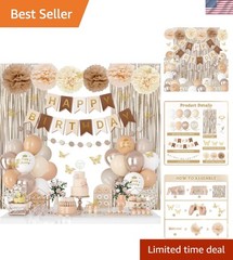 Complete Elegant Birthday Decorations – Neutral Balloons, Banners & Pompoms